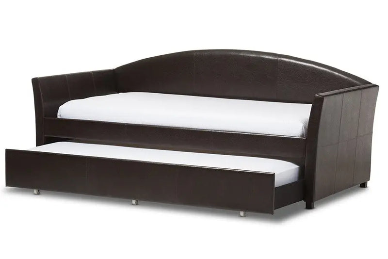 London Brown Faux Leather Arched Back Sofa Twin Daybed with Roll-Out Trundle Guest Bed iHome Studio