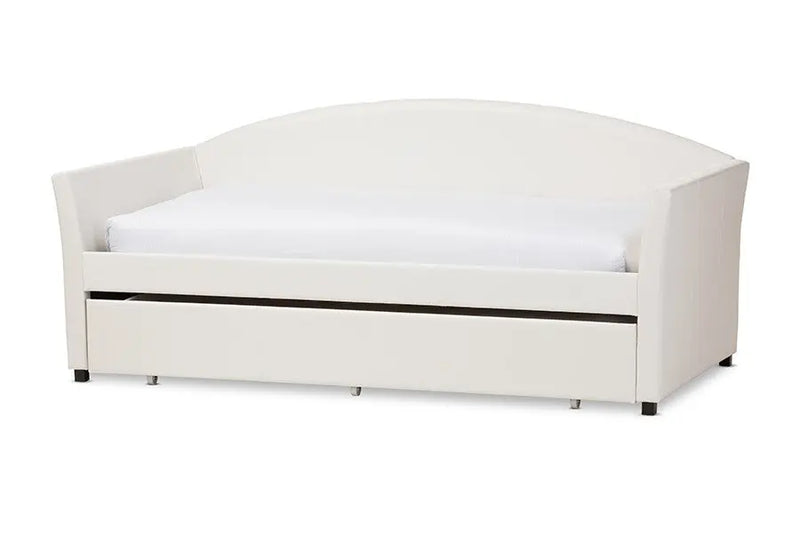 London White Faux Leather Arched Back Sofa Twin Daybed with Roll-Out Trundle Guest Bed iHome Studio