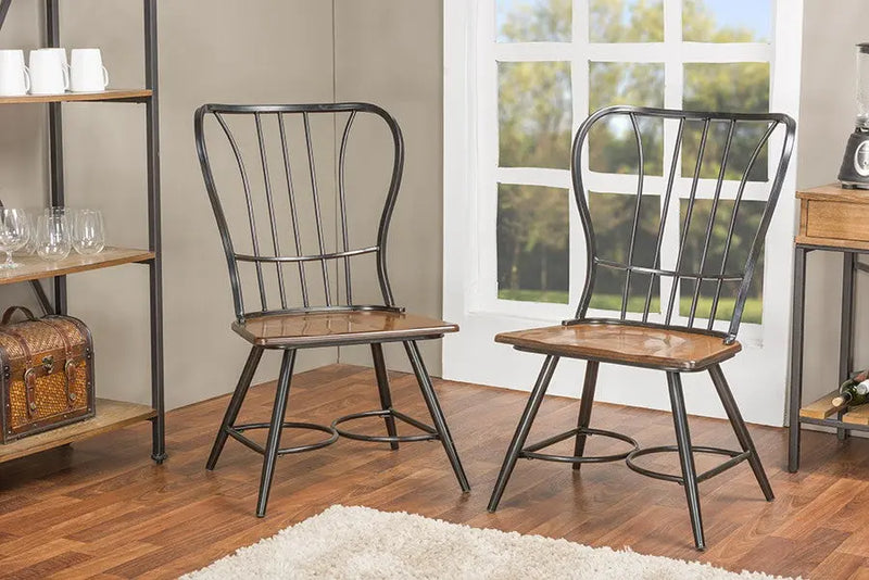 Longford "Dark-Walnut" Wood & Black Metal Dining Chair - 2pcs iHome Studio