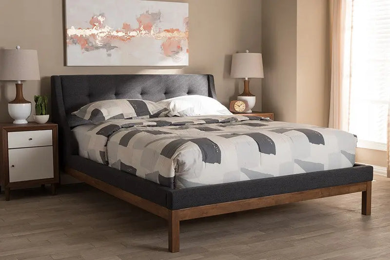 Louvain Dark Grey Fabric Upholstered Walnut Platform Bed (Full) iHome Studio