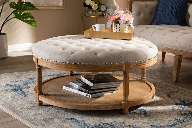Lucas Beige Linen Upholstered w/Oak Wood Button-Tufted Cocktail Ottoman with Shelf iHome Studio