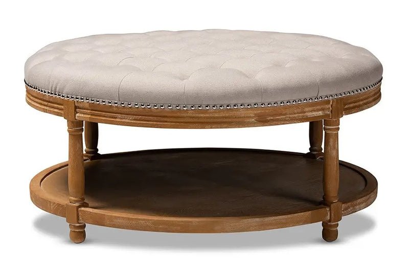 Lucas Beige Linen Upholstered w/Oak Wood Button-Tufted Cocktail Ottoman with Shelf iHome Studio