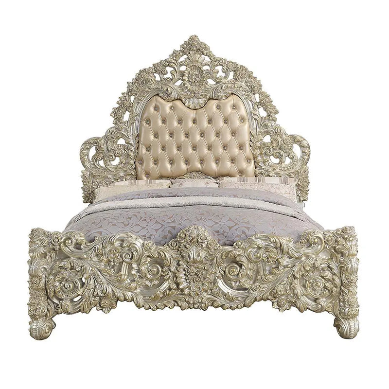 Luciano King Bed, Faux Leather & Antique Gold Finish iHome Studio