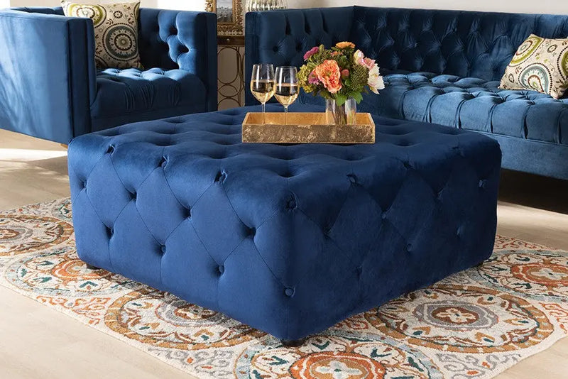 Luke Royal Blue Velvet Fabric Upholstered Button-Tufted Cocktail Ottoman iHome Studio