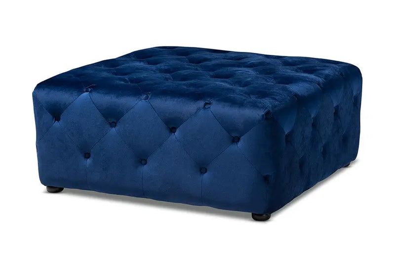 Luke Royal Blue Velvet Fabric Upholstered Button-Tufted Cocktail Ottoman iHome Studio