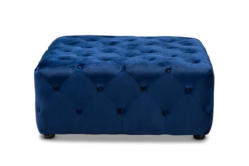 Luke Royal Blue Velvet Fabric Upholstered Button-Tufted Cocktail Ottoman iHome Studio