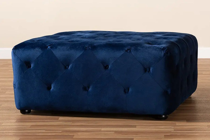 Luke Royal Blue Velvet Fabric Upholstered Button-Tufted Cocktail Ottoman iHome Studio