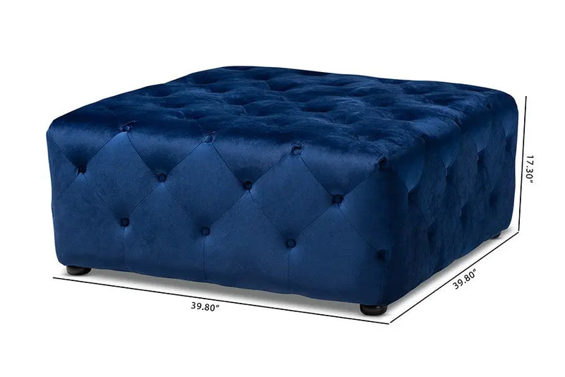 Luke Royal Blue Velvet Fabric Upholstered Button-Tufted Cocktail Ottoman iHome Studio