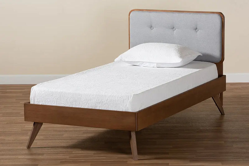 Lyon Light Gray Fabric Upholstered , Walnut Brown Finished Wood Platform Bed (Twin) iHome Studio