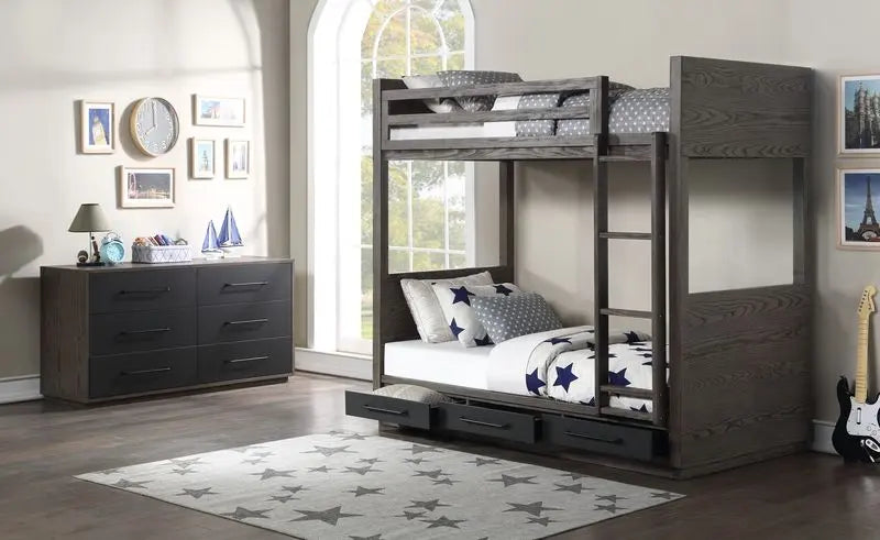 Macie Twin Bunk Bed w/Drawers, Gray Oak Finish iHome Studio