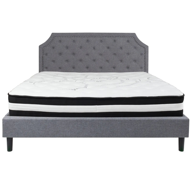 Madelyn Tufted Upholstered Platform Bed, Light Gray w/Mattress (King) iHome Studio
