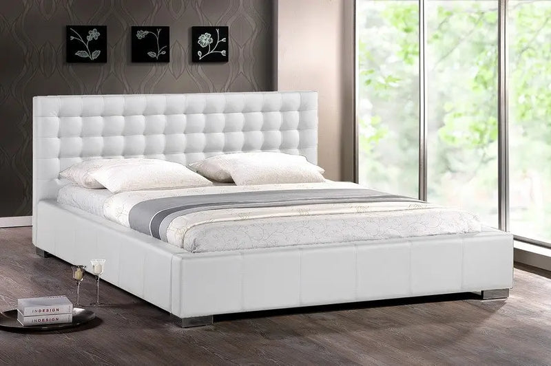 Madison White Faux Leather Platform Bed w/Upholstered Headboard (King) iHome Studio