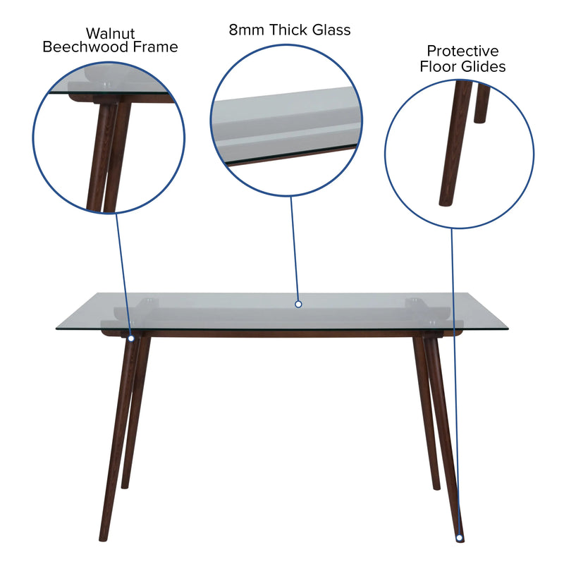 Maksim 31.5" x 55" Rectangular Solid Walnut Wood Table w/Clear Glass Top iHome Studio