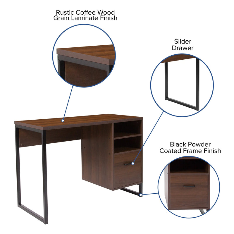 Malcom Rustic Coffee Wood Grain Finish Computer Desk w/Black Metal Frame iHome Studio