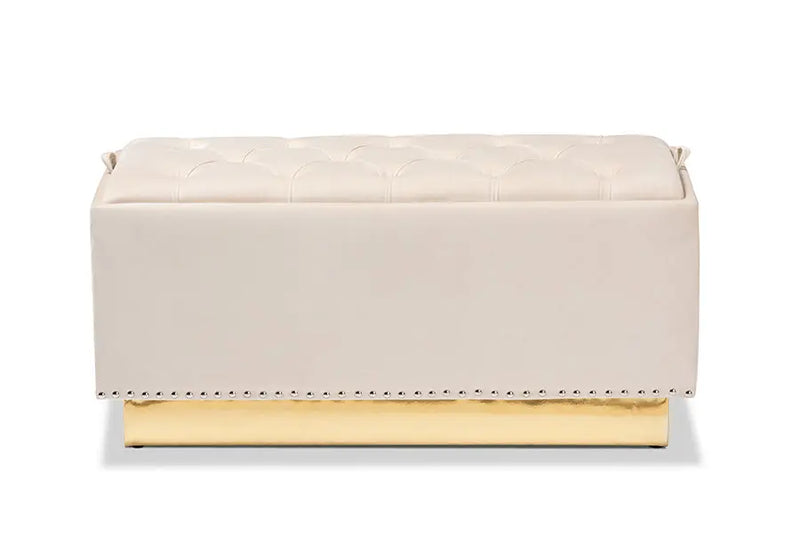 Manchester Beige Velvet Fabric Upholstered/Gold PU Leather Storage Ottoman iHome Studio