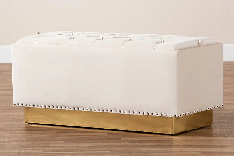 Manchester Beige Velvet Fabric Upholstered/Gold PU Leather Storage Ottoman iHome Studio