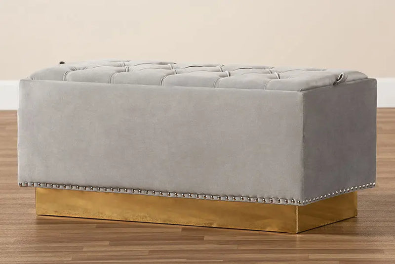 Manchester Grey Velvet Fabric Upholstered/Gold PU Leather Storage Ottoman iHome Studio