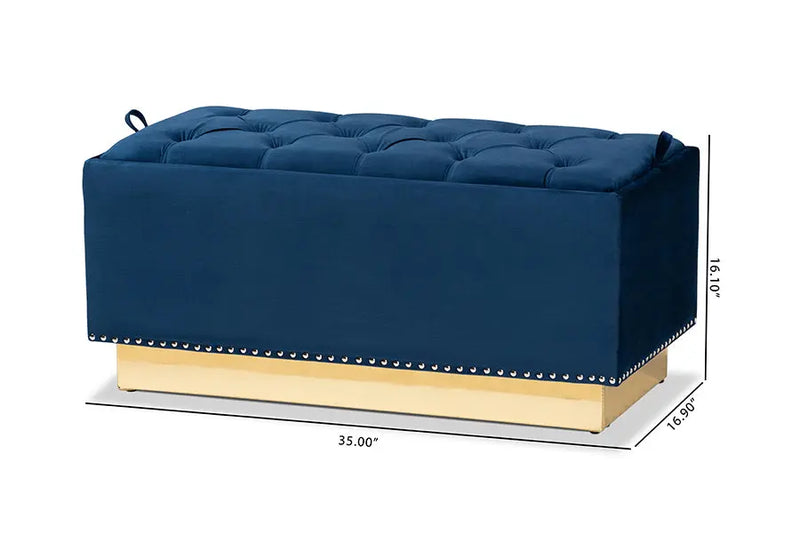 Manchester Navy Blue Velvet Fabric Upholstered/Gold PU Leather Storage Ottoman iHome Studio