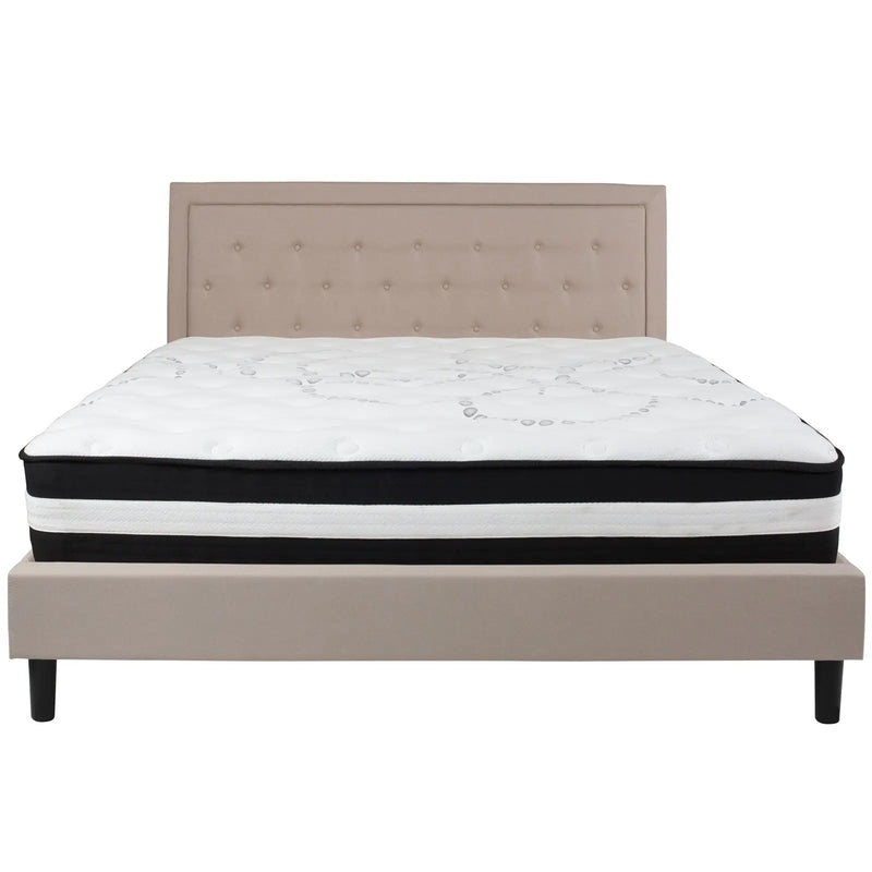 Marcelia Tufted Upholstered Platform Bed, Beige w/Mattress (King) iHome Studio