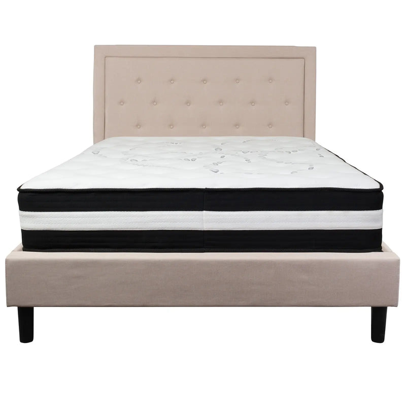 Marcelia Tufted Upholstered Platform Bed, Beige w/Mattress (Queen) iHome Studio