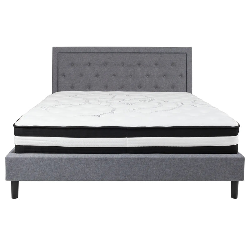 Marcelia Tufted Upholstered Platform Bed, Light Gray w/Mattress (King) iHome Studio