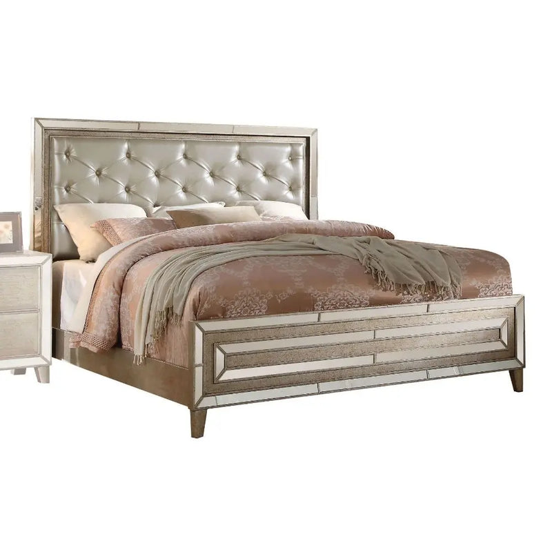 Marcelo King Bed, Matte Gold Faux Leather & Antique Silver iHome Studio