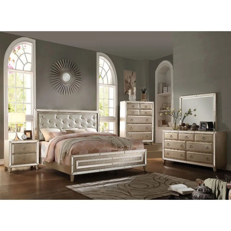 Marcelo King Bed, Matte Gold Faux Leather & Antique Silver iHome Studio