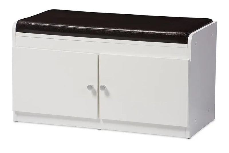 Margaret White Wood 2-Door Shoe Cabinet with Faux Leather Seating Bench iHome Studio