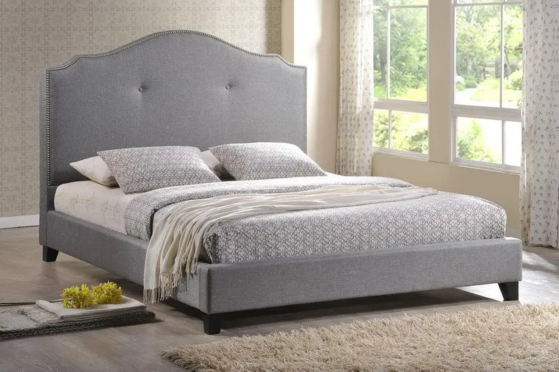 Marsha Grey Linen Faux Leather Platform Bed w/Scalloped Headboard (Full) iHome Studio