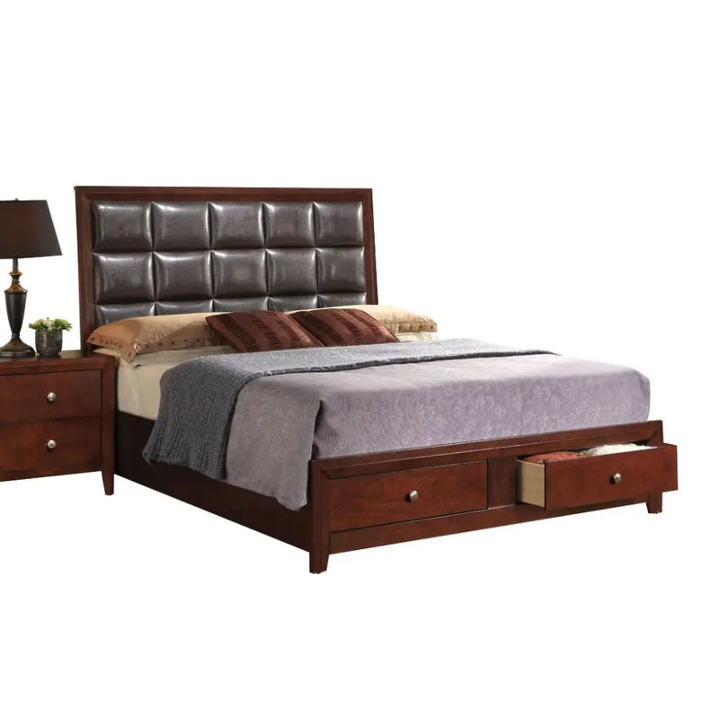 Martha Queen Bed, Upholstery Brown Faux Leather & Brown Cherry w/Storage iHome Studio