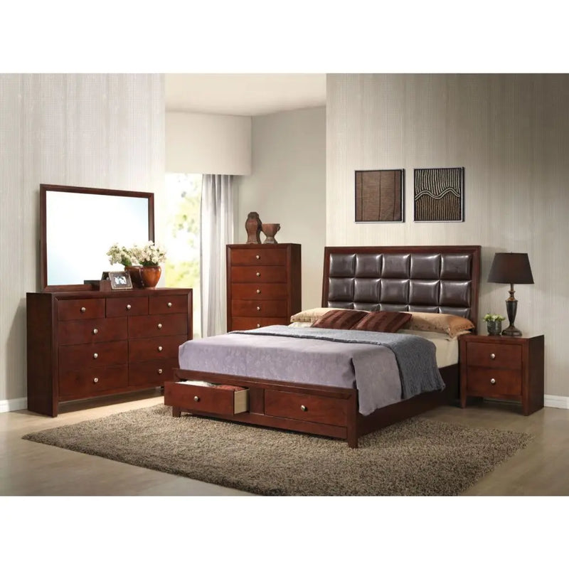 Martha Queen Bed, Upholstery Brown Faux Leather & Brown Cherry w/Storage iHome Studio