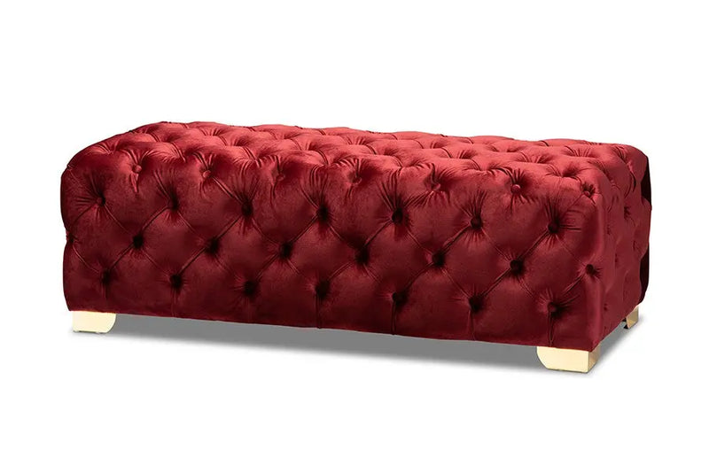 Matthew Burgundy Velvet Fabric Upholstered Gold Finished Button Tufted Bench Ottoman iHome Studio