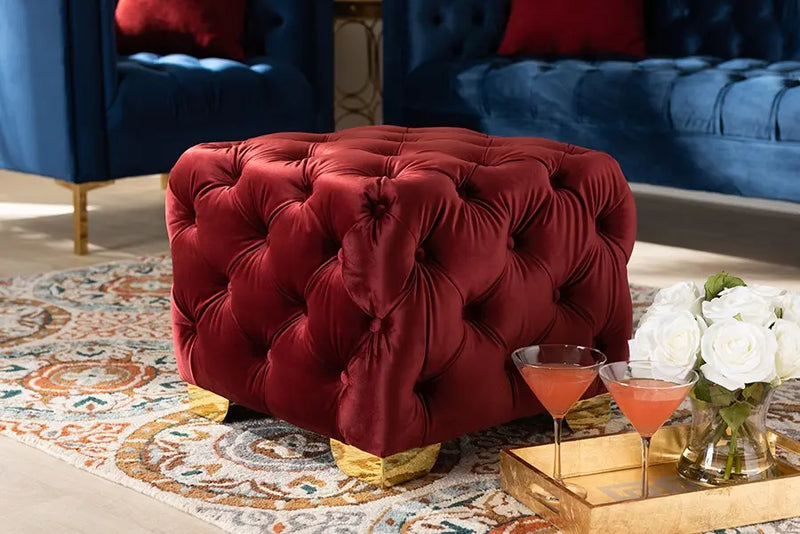 Matthew Burgundy Velvet Fabric Upholstered Gold Finished Button Tufted Ottoman iHome Studio