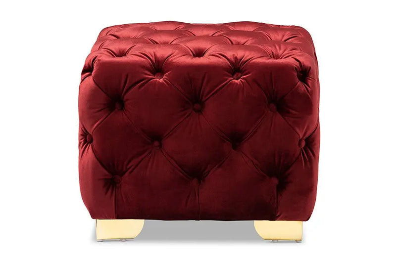 Matthew Burgundy Velvet Fabric Upholstered Gold Finished Button Tufted Ottoman iHome Studio