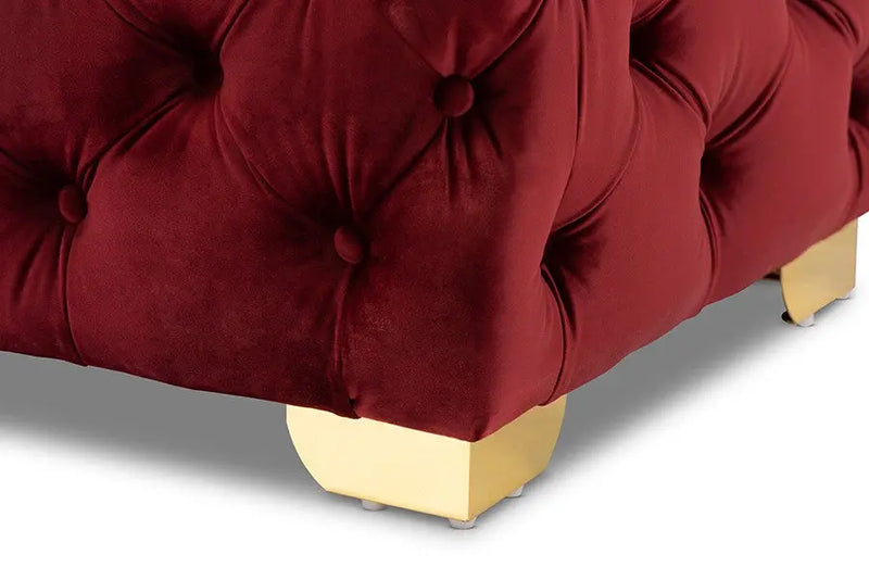 Matthew Burgundy Velvet Fabric Upholstered Gold Finished Button Tufted Ottoman iHome Studio