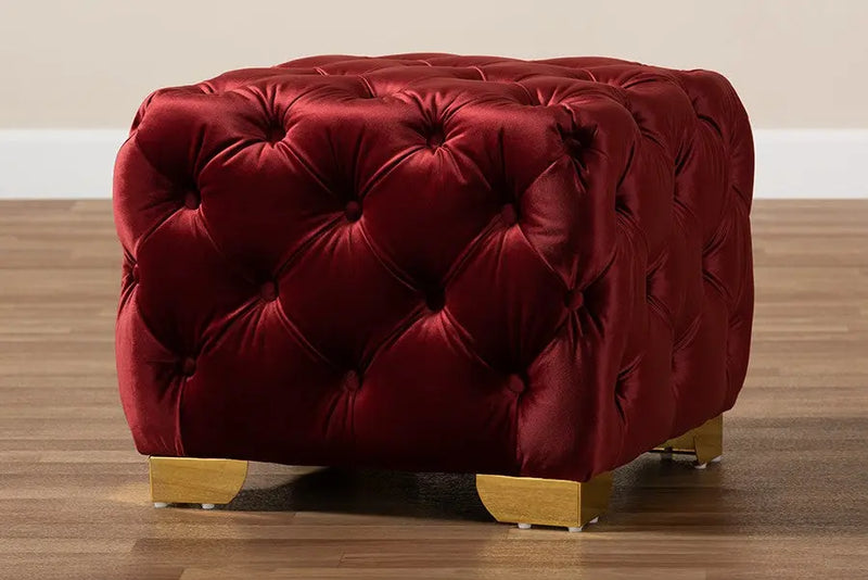 Matthew Burgundy Velvet Fabric Upholstered Gold Finished Button Tufted Ottoman iHome Studio