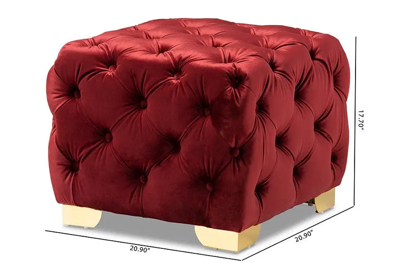 Matthew Burgundy Velvet Fabric Upholstered Gold Finished Button Tufted Ottoman iHome Studio