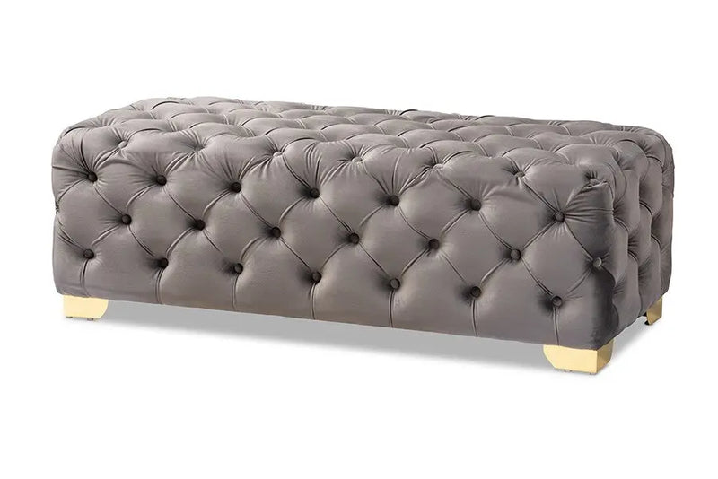 Matthew Gray Velvet Fabric Upholstered Gold Finished Button Tufted Bench Ottoman iHome Studio