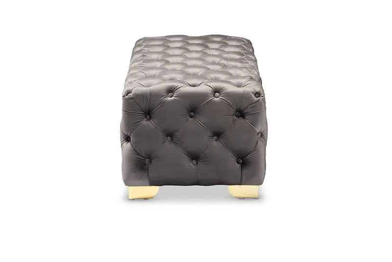 Matthew Gray Velvet Fabric Upholstered Gold Finished Button Tufted Bench Ottoman iHome Studio