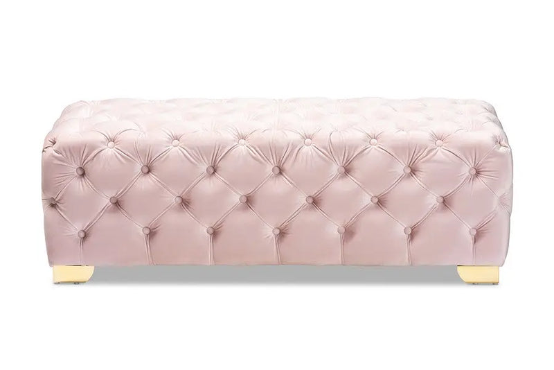 Matthew Light Pink Velvet Fabric Upholstered Gold Finished Button Tufted Bench Ottoman iHome Studio