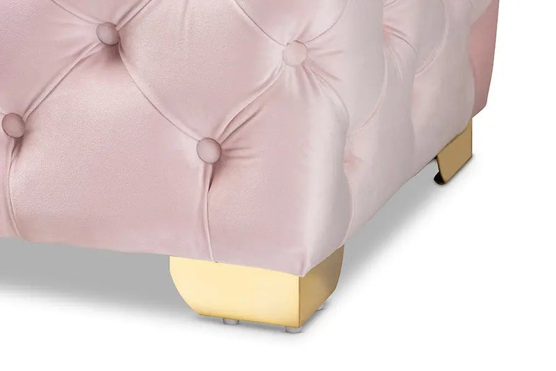 Matthew Light Pink Velvet Fabric Upholstered Gold Finished Button Tufted Bench Ottoman iHome Studio