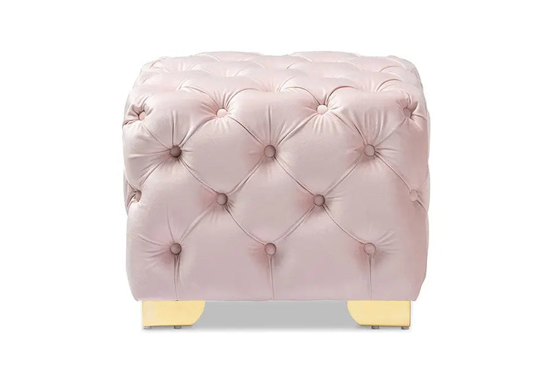 Matthew Light Pink Velvet Fabric Upholstered Gold Finished Button Tufted Ottoman iHome Studio