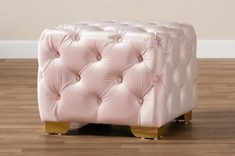 Matthew Light Pink Velvet Fabric Upholstered Gold Finished Button Tufted Ottoman iHome Studio