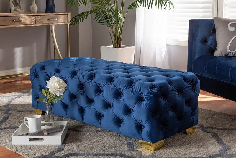 Matthew Royal Blue Velvet Fabric Upholstered Gold Finished Button Tufted Bench Ottoman iHome Studio