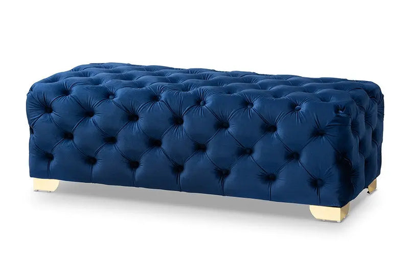 Matthew Royal Blue Velvet Fabric Upholstered Gold Finished Button Tufted Bench Ottoman iHome Studio