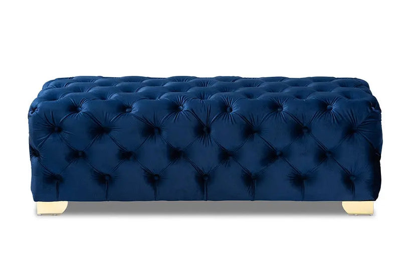 Matthew Royal Blue Velvet Fabric Upholstered Gold Finished Button Tufted Bench Ottoman iHome Studio