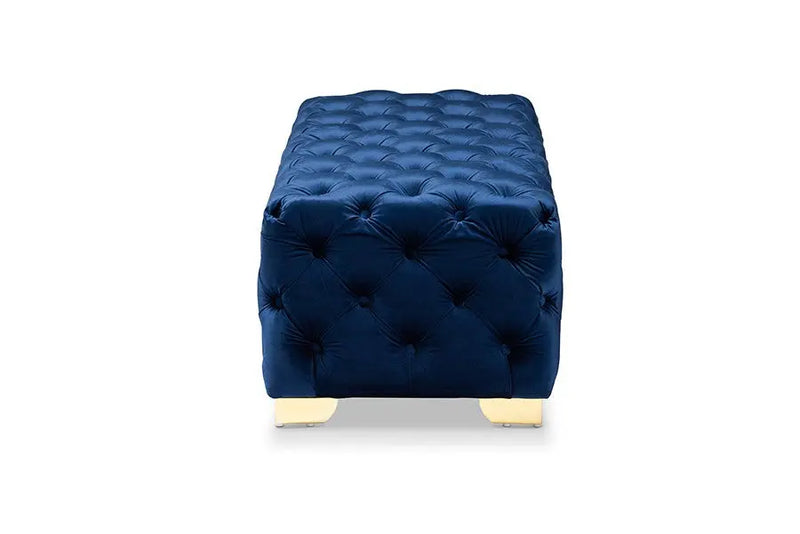 Matthew Royal Blue Velvet Fabric Upholstered Gold Finished Button Tufted Bench Ottoman iHome Studio