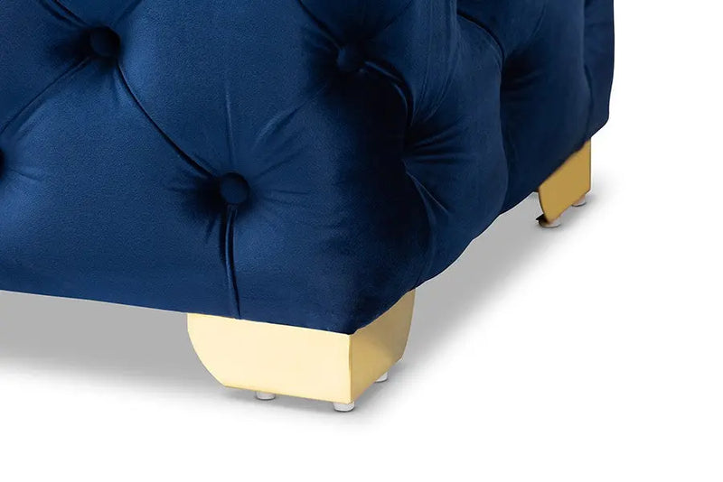 Matthew Royal Blue Velvet Fabric Upholstered Gold Finished Button Tufted Bench Ottoman iHome Studio