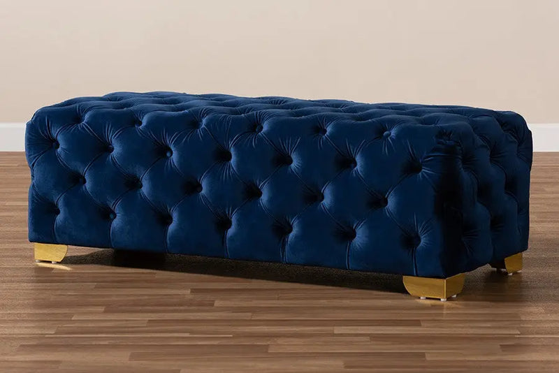 Matthew Royal Blue Velvet Fabric Upholstered Gold Finished Button Tufted Bench Ottoman iHome Studio