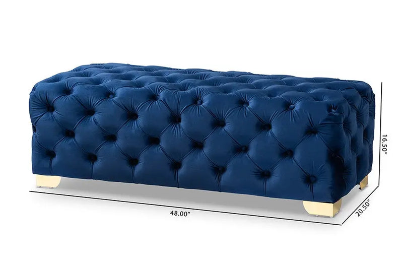 Matthew Royal Blue Velvet Fabric Upholstered Gold Finished Button Tufted Bench Ottoman iHome Studio